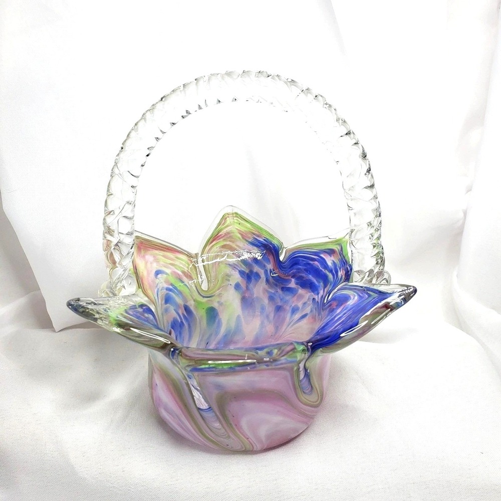VTG FM Konstglas Ronneby Sweden Art Glass‎ Basket Tulip Floral Blue Pink Purple